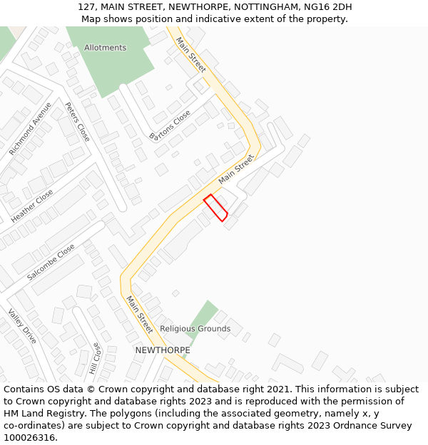 127, MAIN STREET, NEWTHORPE, NOTTINGHAM, NG16 2DH: Location map and indicative extent of plot