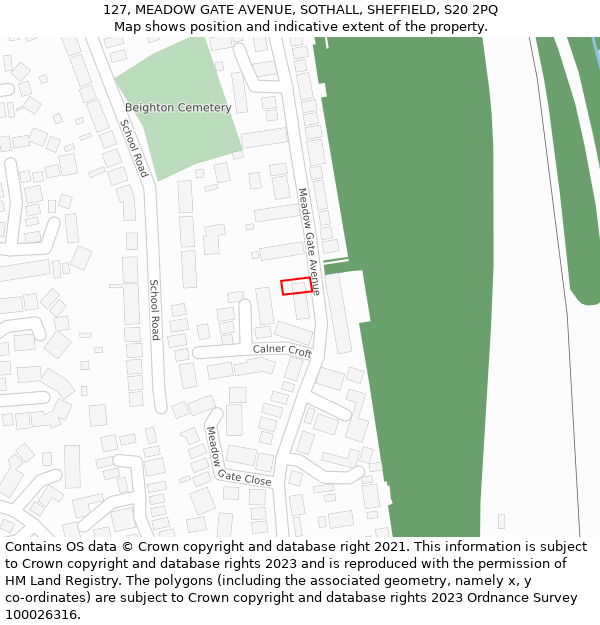 127, MEADOW GATE AVENUE, SOTHALL, SHEFFIELD, S20 2PQ: Location map and indicative extent of plot