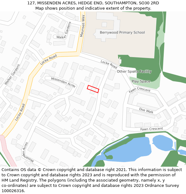 127, MISSENDEN ACRES, HEDGE END, SOUTHAMPTON, SO30 2RD: Location map and indicative extent of plot