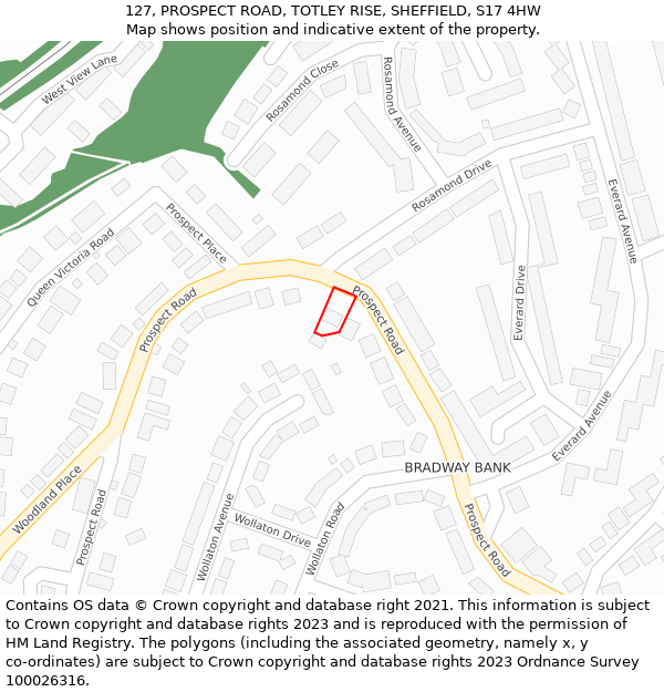 127, PROSPECT ROAD, TOTLEY RISE, SHEFFIELD, S17 4HW: Location map and indicative extent of plot