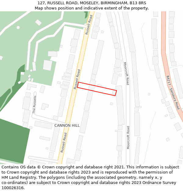 127, RUSSELL ROAD, MOSELEY, BIRMINGHAM, B13 8RS: Location map and indicative extent of plot