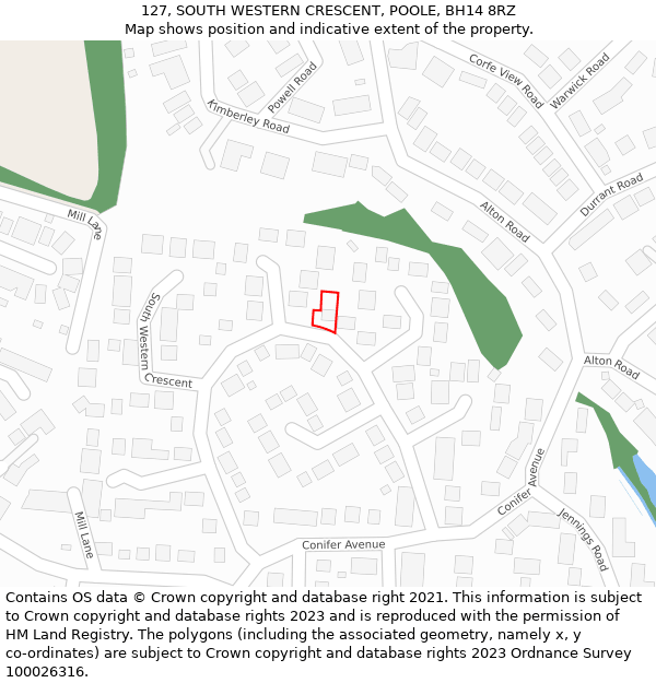 127, SOUTH WESTERN CRESCENT, POOLE, BH14 8RZ: Location map and indicative extent of plot