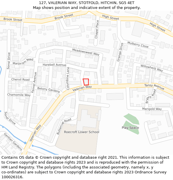 127, VALERIAN WAY, STOTFOLD, HITCHIN, SG5 4ET: Location map and indicative extent of plot