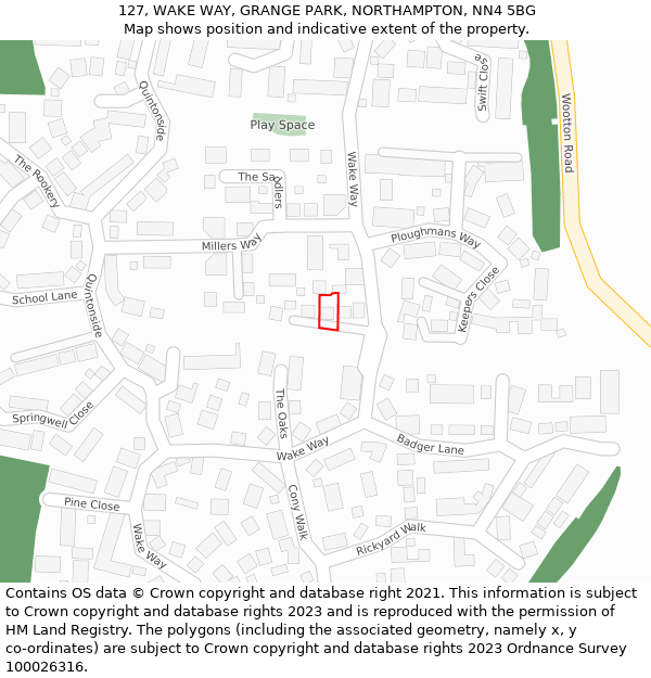 127, WAKE WAY, GRANGE PARK, NORTHAMPTON, NN4 5BG: Location map and indicative extent of plot