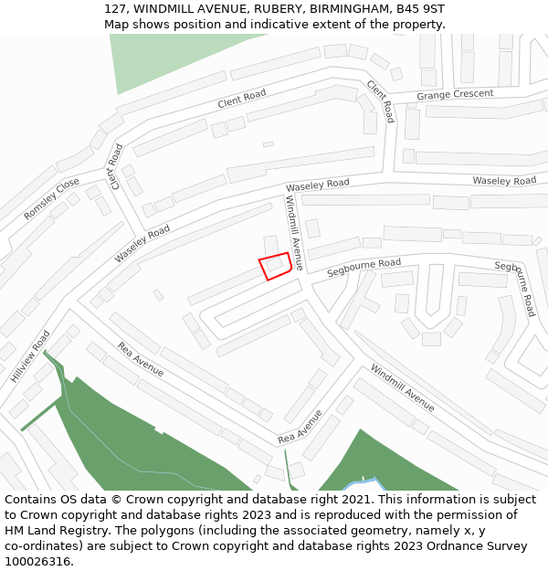 127, WINDMILL AVENUE, RUBERY, BIRMINGHAM, B45 9ST: Location map and indicative extent of plot