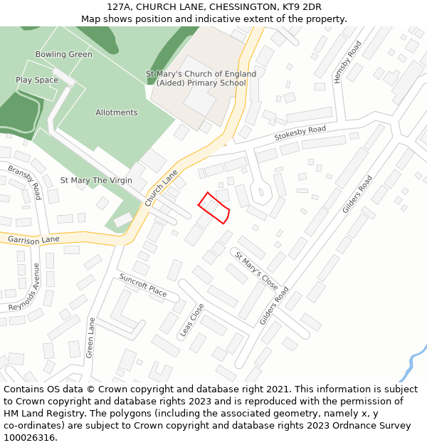 127A, CHURCH LANE, CHESSINGTON, KT9 2DR: Location map and indicative extent of plot