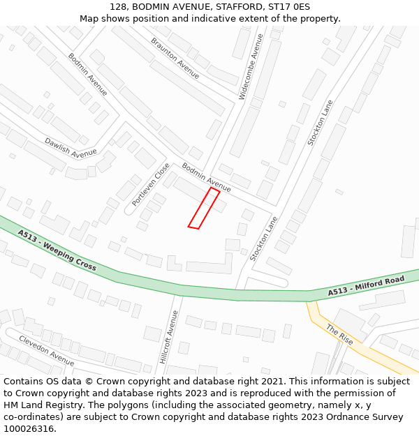 128, BODMIN AVENUE, STAFFORD, ST17 0ES: Location map and indicative extent of plot
