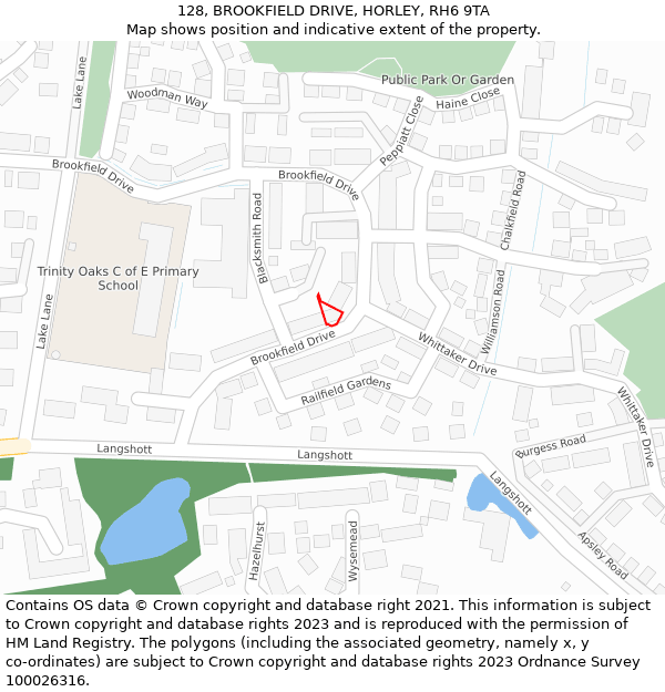 128, BROOKFIELD DRIVE, HORLEY, RH6 9TA: Location map and indicative extent of plot