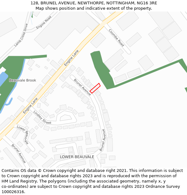 128, BRUNEL AVENUE, NEWTHORPE, NOTTINGHAM, NG16 3RE: Location map and indicative extent of plot