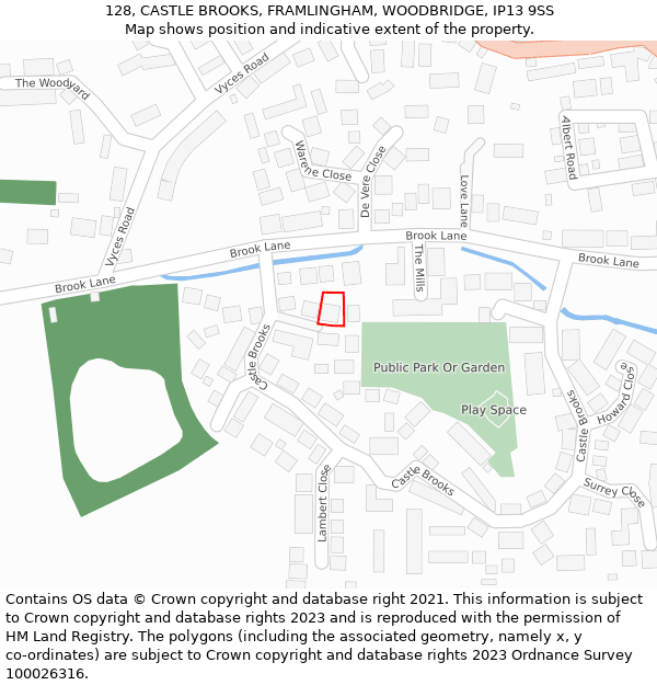 128, CASTLE BROOKS, FRAMLINGHAM, WOODBRIDGE, IP13 9SS: Location map and indicative extent of plot