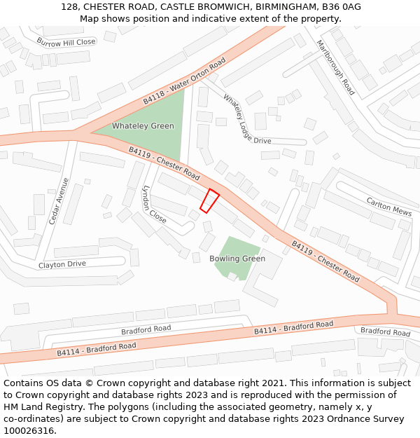 128, CHESTER ROAD, CASTLE BROMWICH, BIRMINGHAM, B36 0AG: Location map and indicative extent of plot