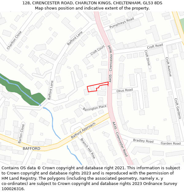 128, CIRENCESTER ROAD, CHARLTON KINGS, CHELTENHAM, GL53 8DS: Location map and indicative extent of plot