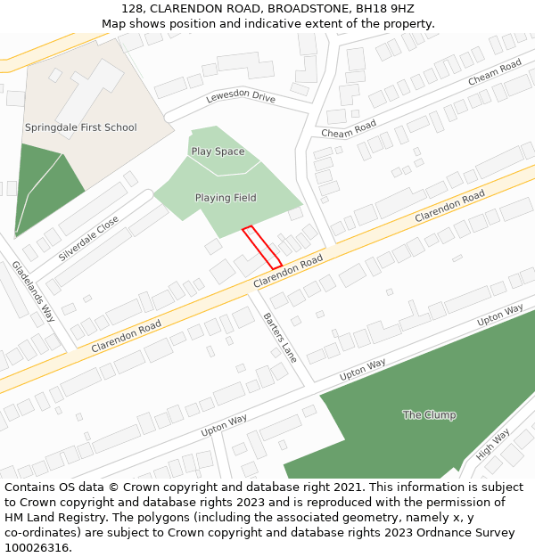 128, CLARENDON ROAD, BROADSTONE, BH18 9HZ: Location map and indicative extent of plot