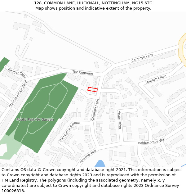 128, COMMON LANE, HUCKNALL, NOTTINGHAM, NG15 6TG: Location map and indicative extent of plot