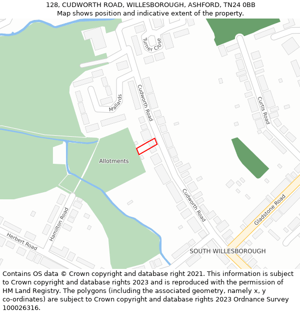 128, CUDWORTH ROAD, WILLESBOROUGH, ASHFORD, TN24 0BB: Location map and indicative extent of plot