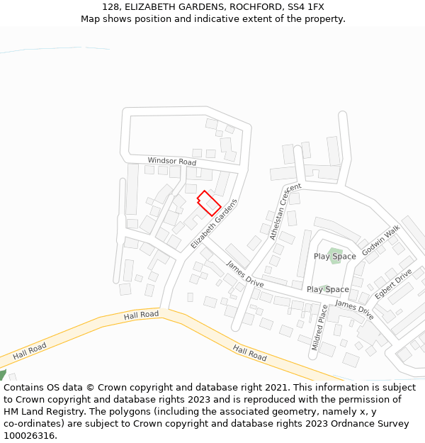 128, ELIZABETH GARDENS, ROCHFORD, SS4 1FX: Location map and indicative extent of plot