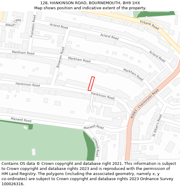 128, HANKINSON ROAD, BOURNEMOUTH, BH9 1HX: Location map and indicative extent of plot