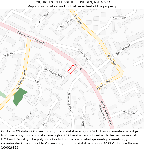 128, HIGH STREET SOUTH, RUSHDEN, NN10 0RD: Location map and indicative extent of plot