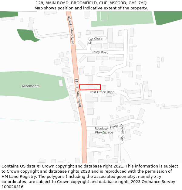 128, MAIN ROAD, BROOMFIELD, CHELMSFORD, CM1 7AQ: Location map and indicative extent of plot