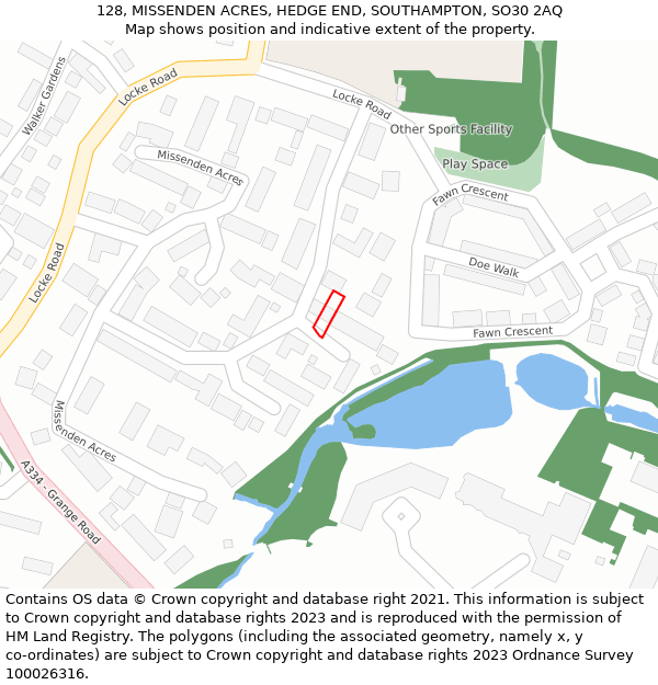 128, MISSENDEN ACRES, HEDGE END, SOUTHAMPTON, SO30 2AQ: Location map and indicative extent of plot