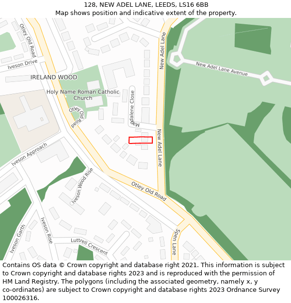 128, NEW ADEL LANE, LEEDS, LS16 6BB: Location map and indicative extent of plot