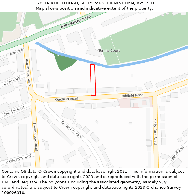 128, OAKFIELD ROAD, SELLY PARK, BIRMINGHAM, B29 7ED: Location map and indicative extent of plot