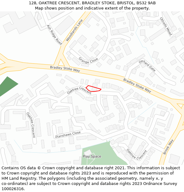 128, OAKTREE CRESCENT, BRADLEY STOKE, BRISTOL, BS32 9AB: Location map and indicative extent of plot