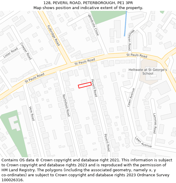 128, PEVERIL ROAD, PETERBOROUGH, PE1 3PR: Location map and indicative extent of plot