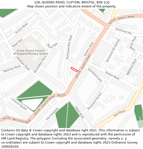 128, QUEENS ROAD, CLIFTON, BRISTOL, BS8 1LQ: Location map and indicative extent of plot