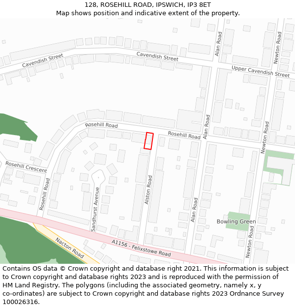 128, ROSEHILL ROAD, IPSWICH, IP3 8ET: Location map and indicative extent of plot