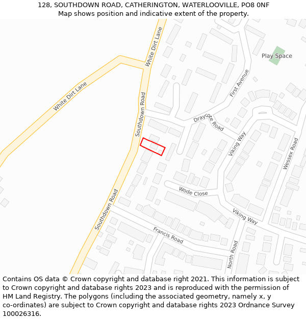 128, SOUTHDOWN ROAD, CATHERINGTON, WATERLOOVILLE, PO8 0NF: Location map and indicative extent of plot
