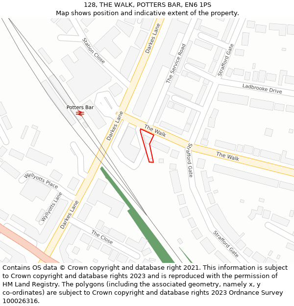 128, THE WALK, POTTERS BAR, EN6 1PS: Location map and indicative extent of plot