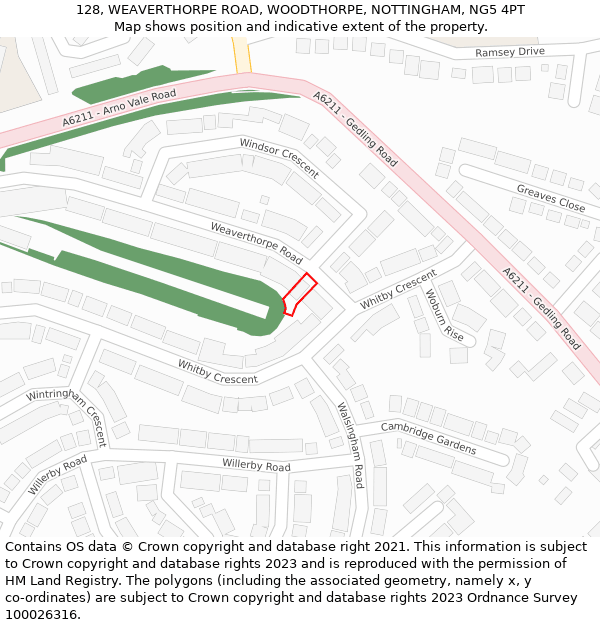 128, WEAVERTHORPE ROAD, WOODTHORPE, NOTTINGHAM, NG5 4PT: Location map and indicative extent of plot