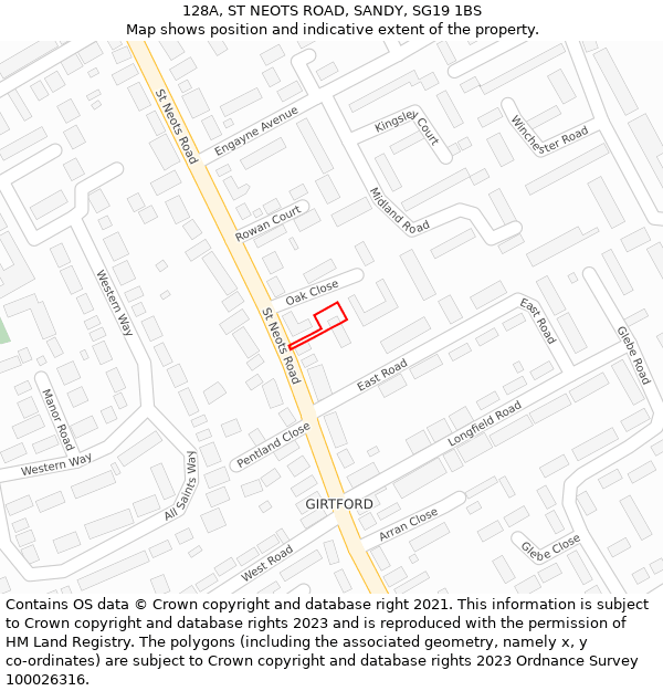 128A, ST NEOTS ROAD, SANDY, SG19 1BS: Location map and indicative extent of plot