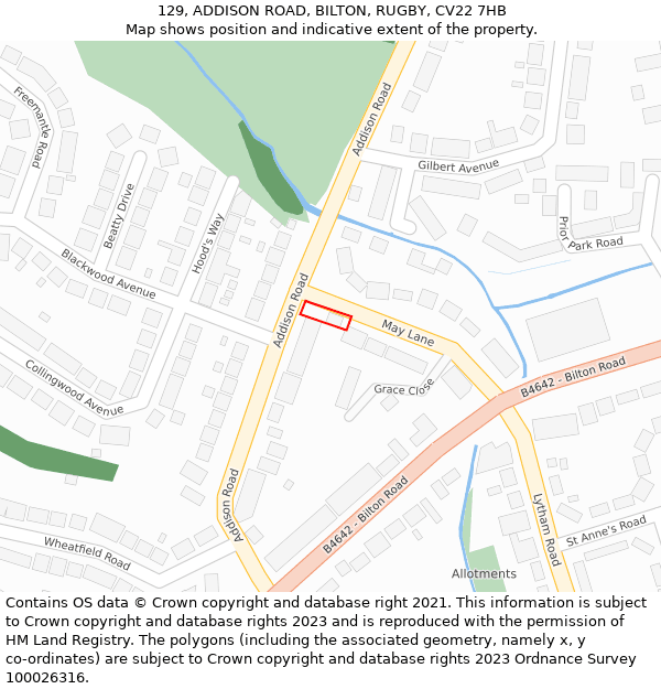 129, ADDISON ROAD, BILTON, RUGBY, CV22 7HB: Location map and indicative extent of plot