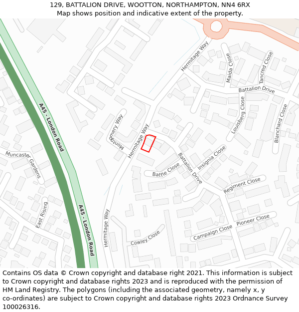 129, BATTALION DRIVE, WOOTTON, NORTHAMPTON, NN4 6RX: Location map and indicative extent of plot