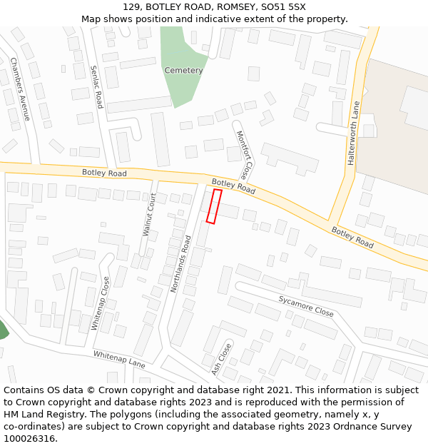 129, BOTLEY ROAD, ROMSEY, SO51 5SX: Location map and indicative extent of plot