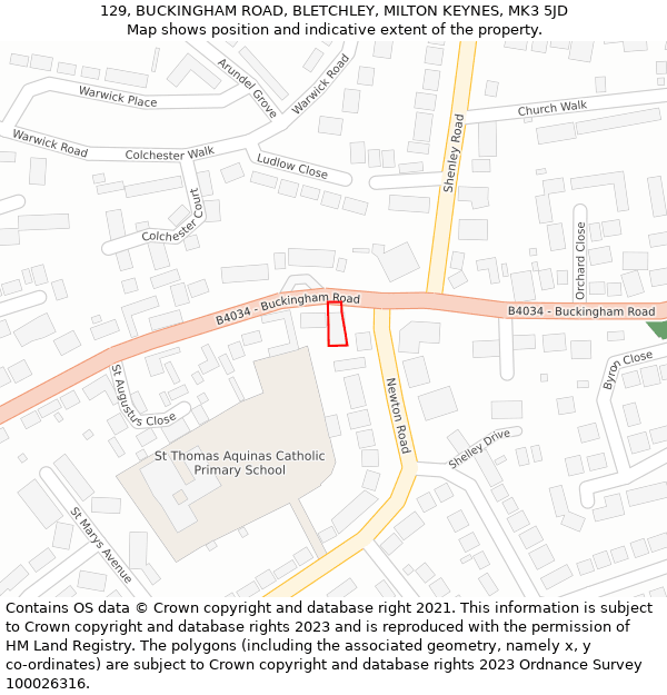 129, BUCKINGHAM ROAD, BLETCHLEY, MILTON KEYNES, MK3 5JD: Location map and indicative extent of plot