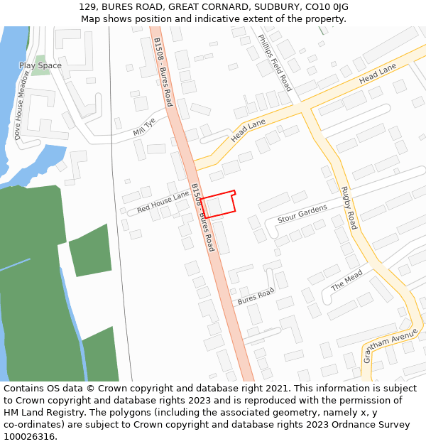 129, BURES ROAD, GREAT CORNARD, SUDBURY, CO10 0JG: Location map and indicative extent of plot