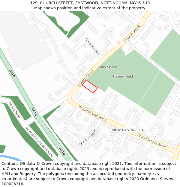 129, CHURCH STREET, EASTWOOD, NOTTINGHAM, NG16 3HR: Location map and indicative extent of plot