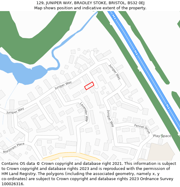 129, JUNIPER WAY, BRADLEY STOKE, BRISTOL, BS32 0EJ: Location map and indicative extent of plot