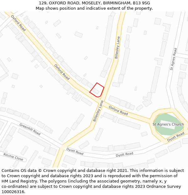 129, OXFORD ROAD, MOSELEY, BIRMINGHAM, B13 9SG: Location map and indicative extent of plot
