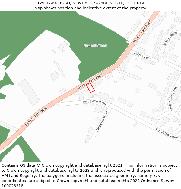 129, PARK ROAD, NEWHALL, SWADLINCOTE, DE11 0TX: Location map and indicative extent of plot