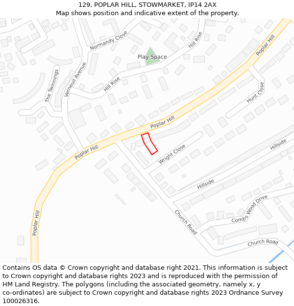 129, POPLAR HILL, STOWMARKET, IP14 2AX: Location map and indicative extent of plot