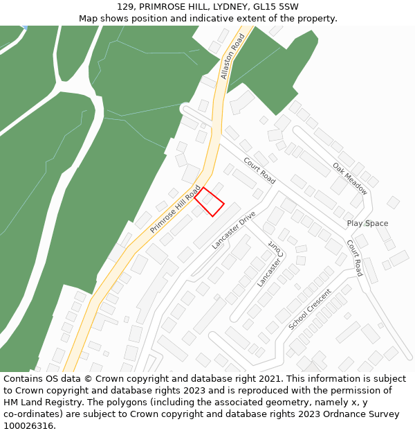 129, PRIMROSE HILL, LYDNEY, GL15 5SW: Location map and indicative extent of plot