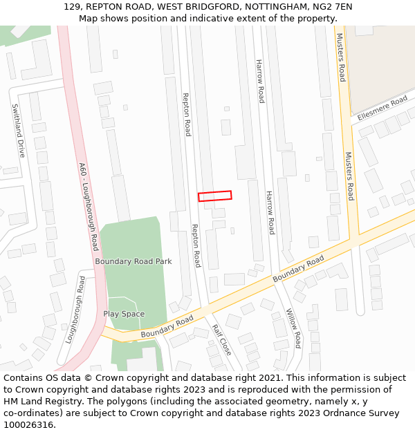 129, REPTON ROAD, WEST BRIDGFORD, NOTTINGHAM, NG2 7EN: Location map and indicative extent of plot