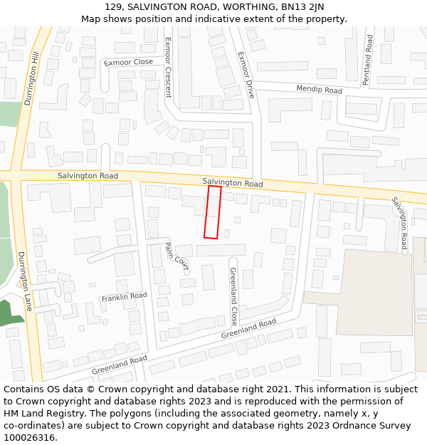 129, SALVINGTON ROAD, WORTHING, BN13 2JN: Location map and indicative extent of plot