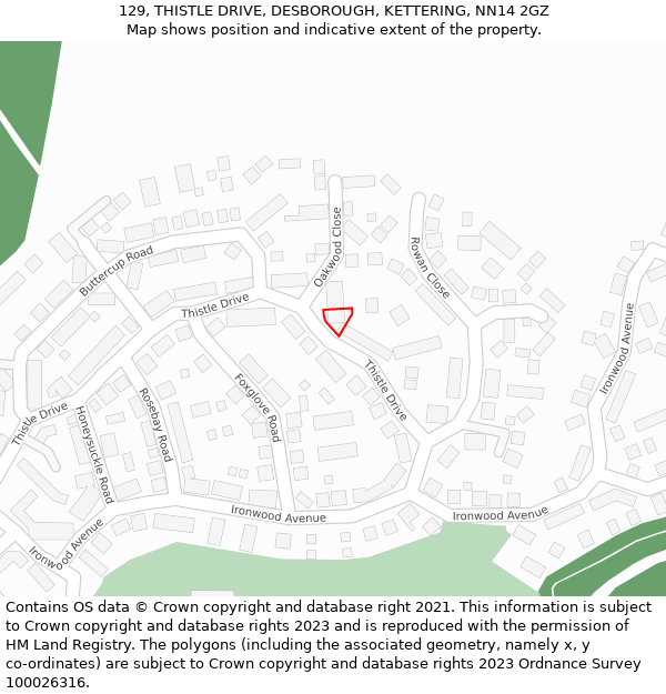 129, THISTLE DRIVE, DESBOROUGH, KETTERING, NN14 2GZ: Location map and indicative extent of plot