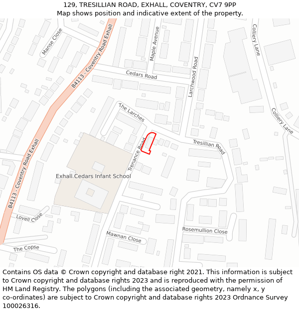 129, TRESILLIAN ROAD, EXHALL, COVENTRY, CV7 9PP: Location map and indicative extent of plot