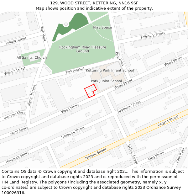 129, WOOD STREET, KETTERING, NN16 9SF: Location map and indicative extent of plot